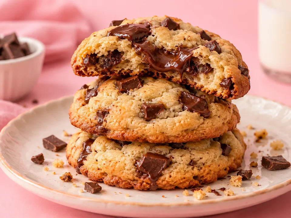 A stack of golden chocolate chip cookies, the top one broken to show a soft centre