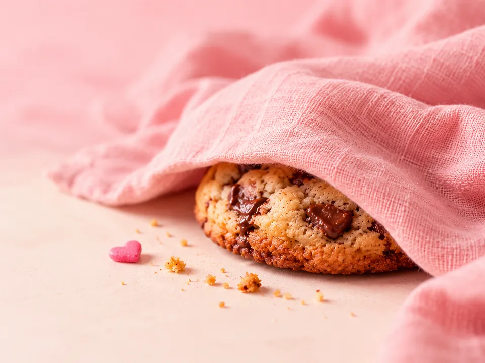 A Coffee Crunch cookie peeking out from under a pink cloth