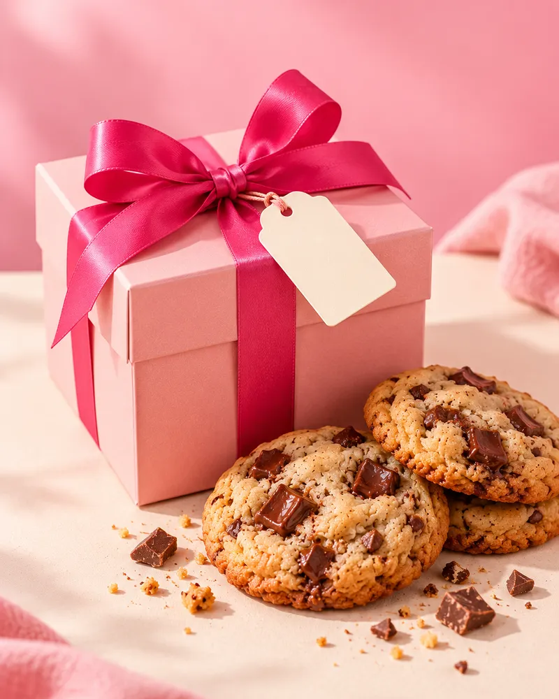 A pink cookie gift box with a hot pink satin bow and cookies beside it