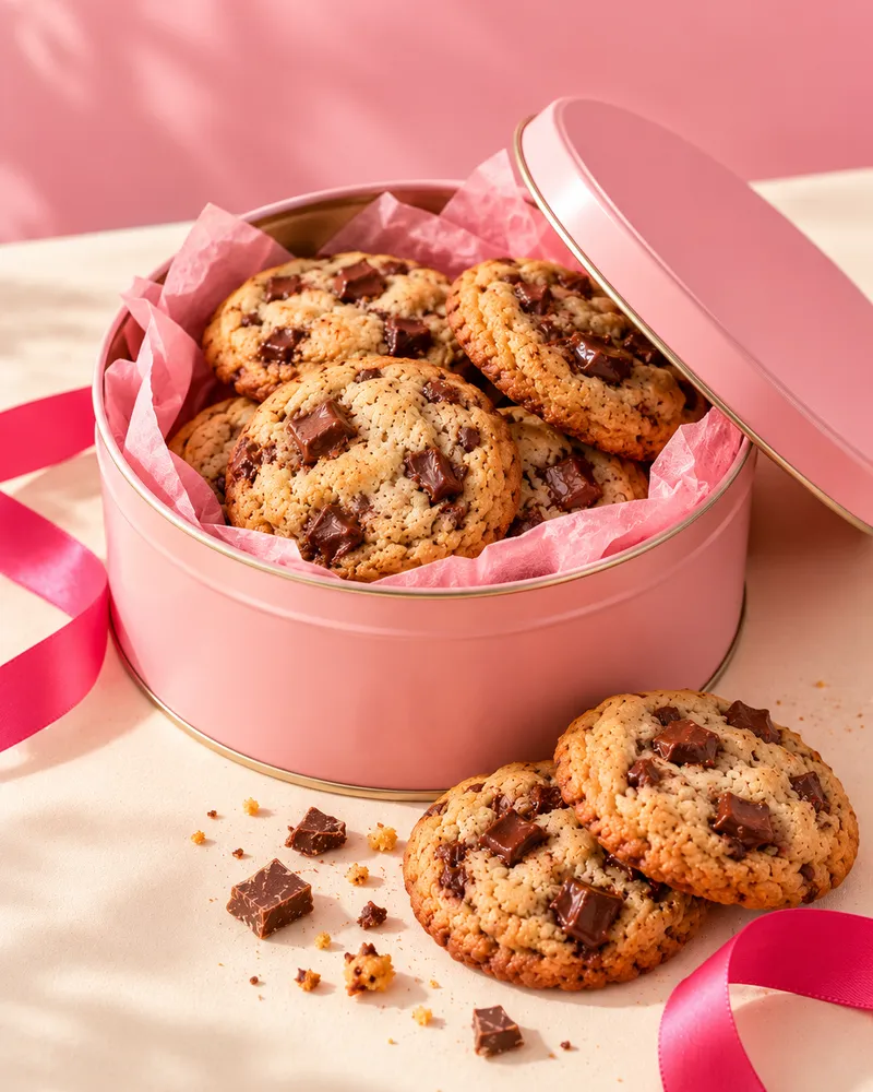 An open pink cookie tin filled with chocolate chip cookies